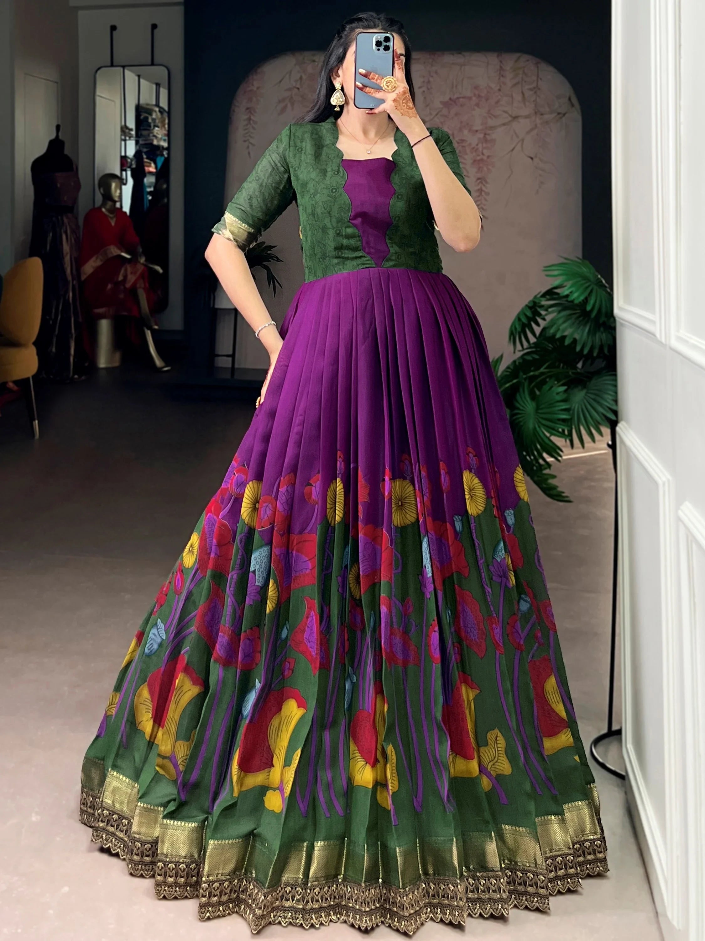 Precious Purple Floral Printed Silk Function Wear Gown