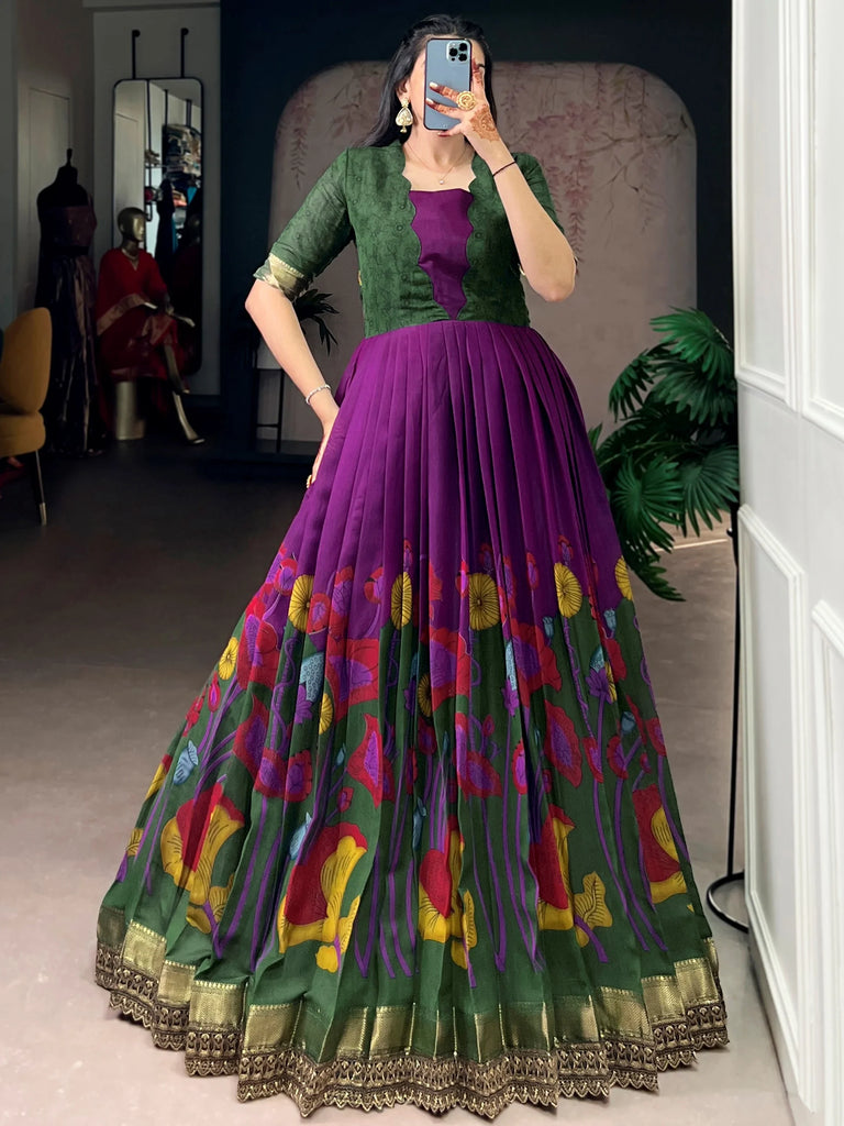 Precious Purple Floral Printed Silk Function Wear Gown