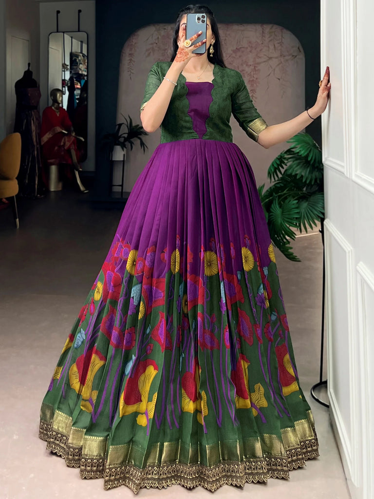 Precious Purple Floral Printed Silk Function Wear Gown