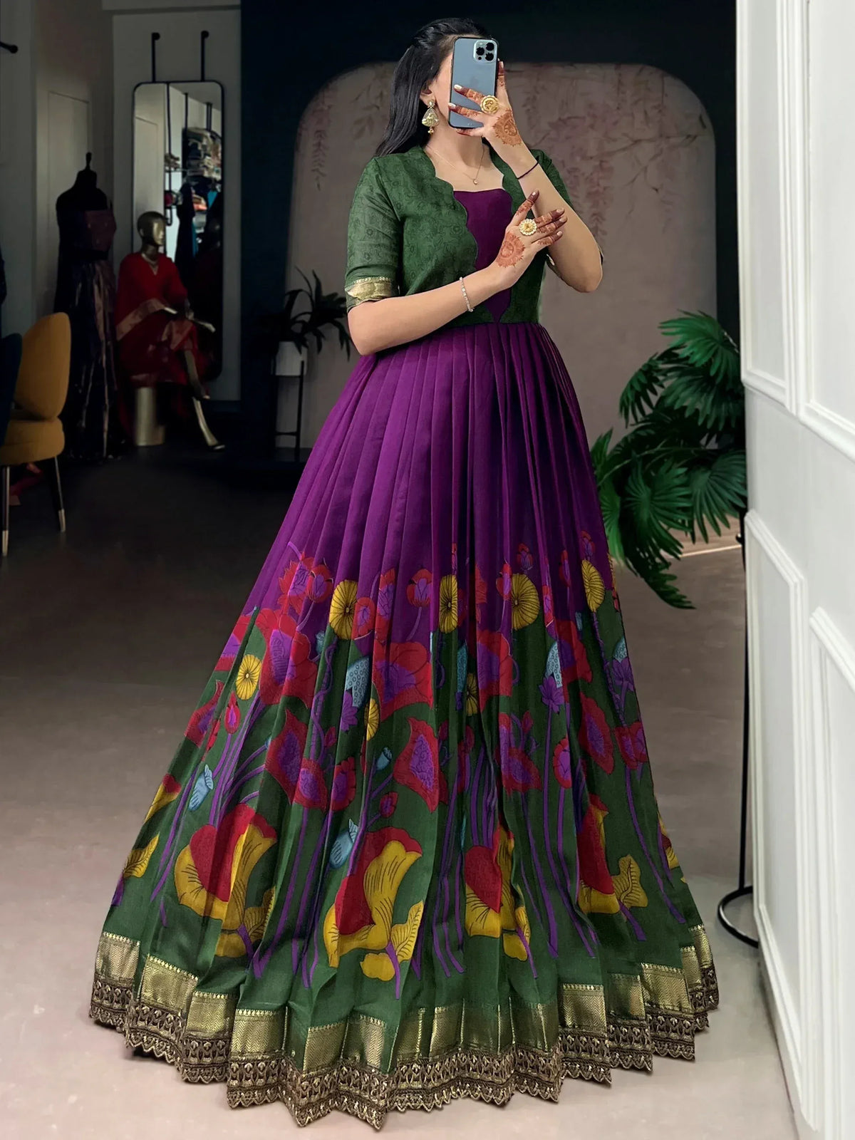 Purple and green floral print lehenga choli with gold border, perfect for Indian ethnic wear occasions