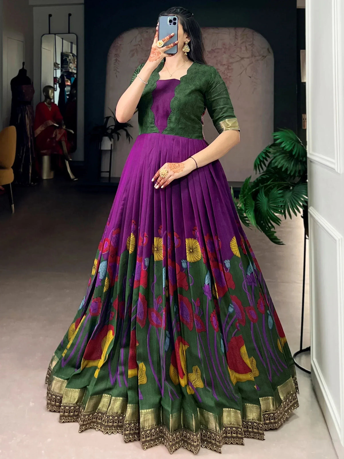 Purple and green floral print lehenga choli with gold border, Indian ethnic wear