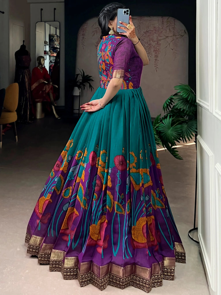 Alluring Teal Green Floral Printed Silk Festival Wear Gown