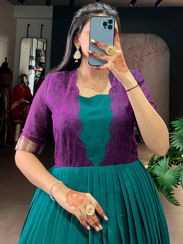 Alluring Teal Green Floral Printed Silk Festival Wear Gown