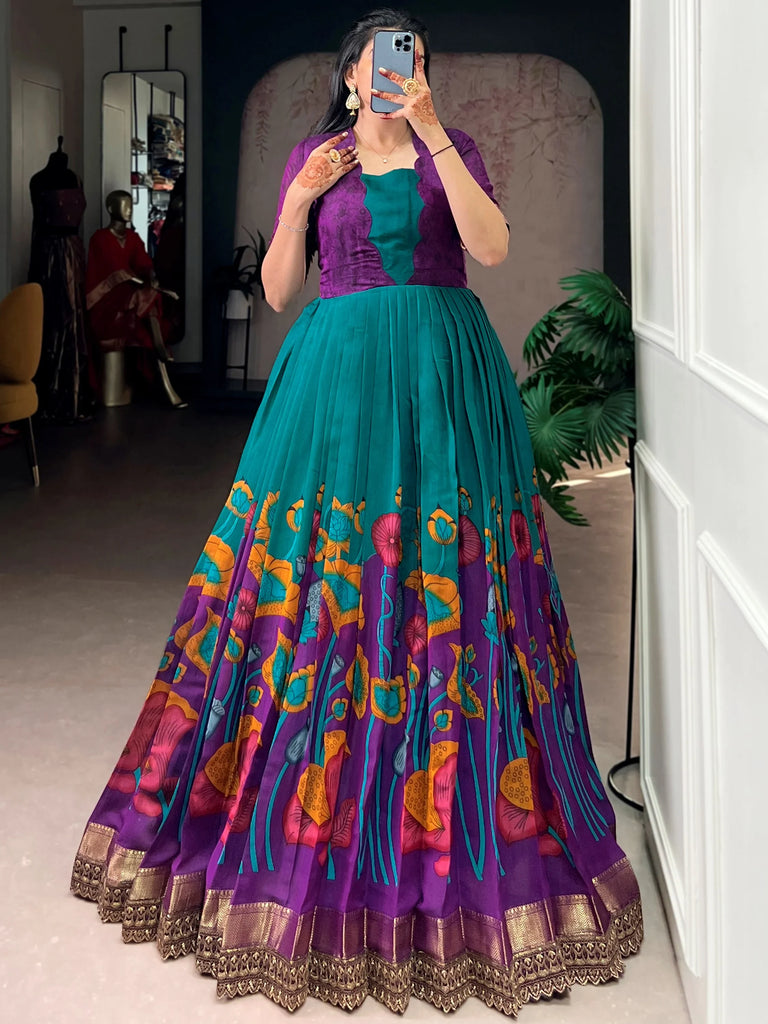 Alluring Teal Green Floral Printed Silk Festival Wear Gown