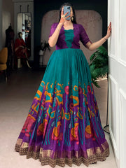Alluring Teal Green Floral Printed Silk Festival Wear Gown
