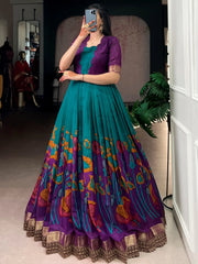 Alluring Teal Green Floral Printed Silk Festival Wear Gown