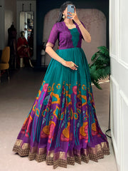 Alluring Teal Green Floral Printed Silk Festival Wear Gown
