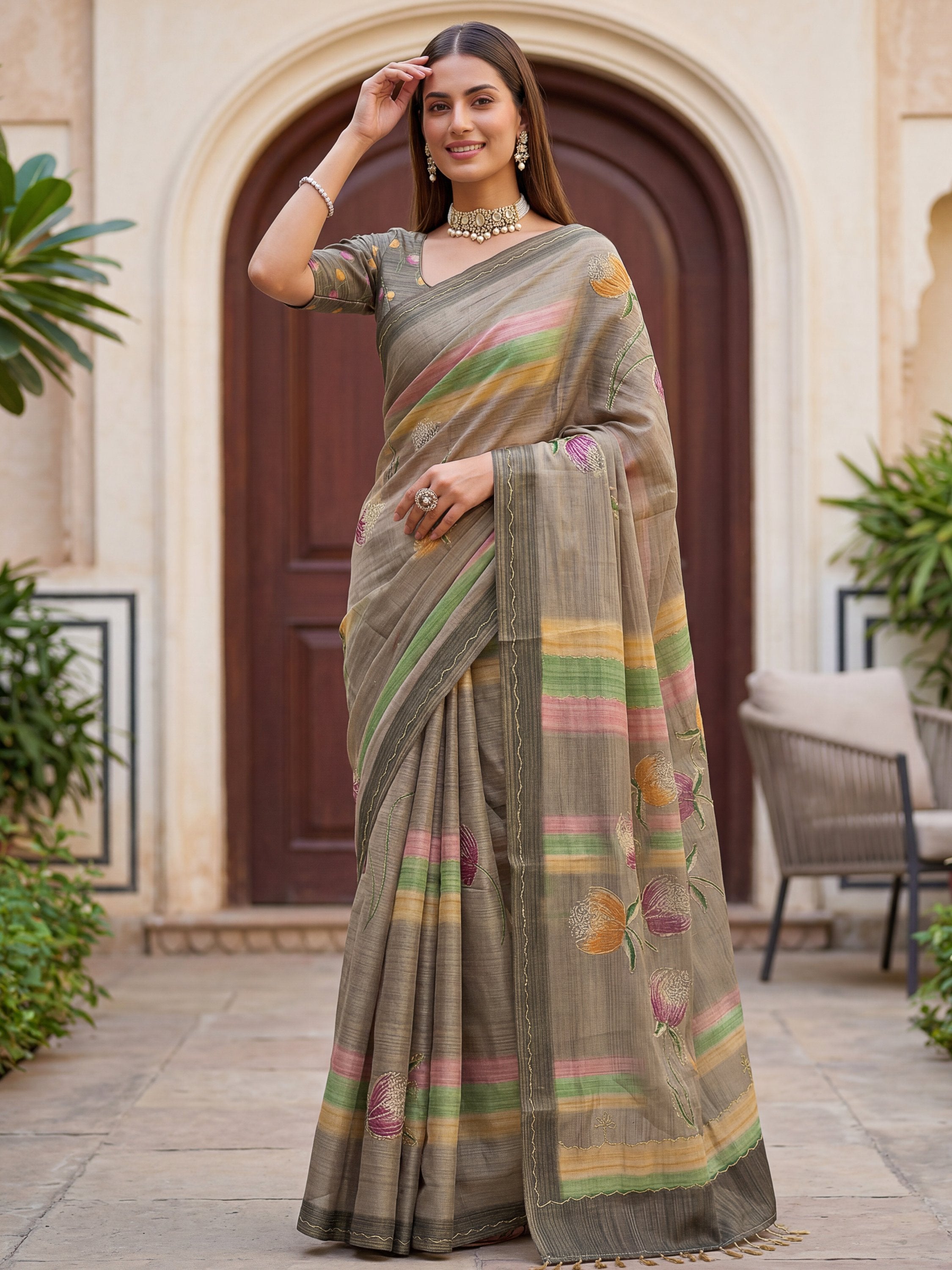 Attractive Grey Dori Work Silk Festive Wear Saree With Blouse