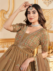 Astonishing Brown Foil Work Georgette Event Wear Gown With Dupatta