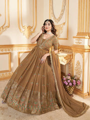 Astonishing Brown Foil Work Georgette Event Wear Gown With Dupatta