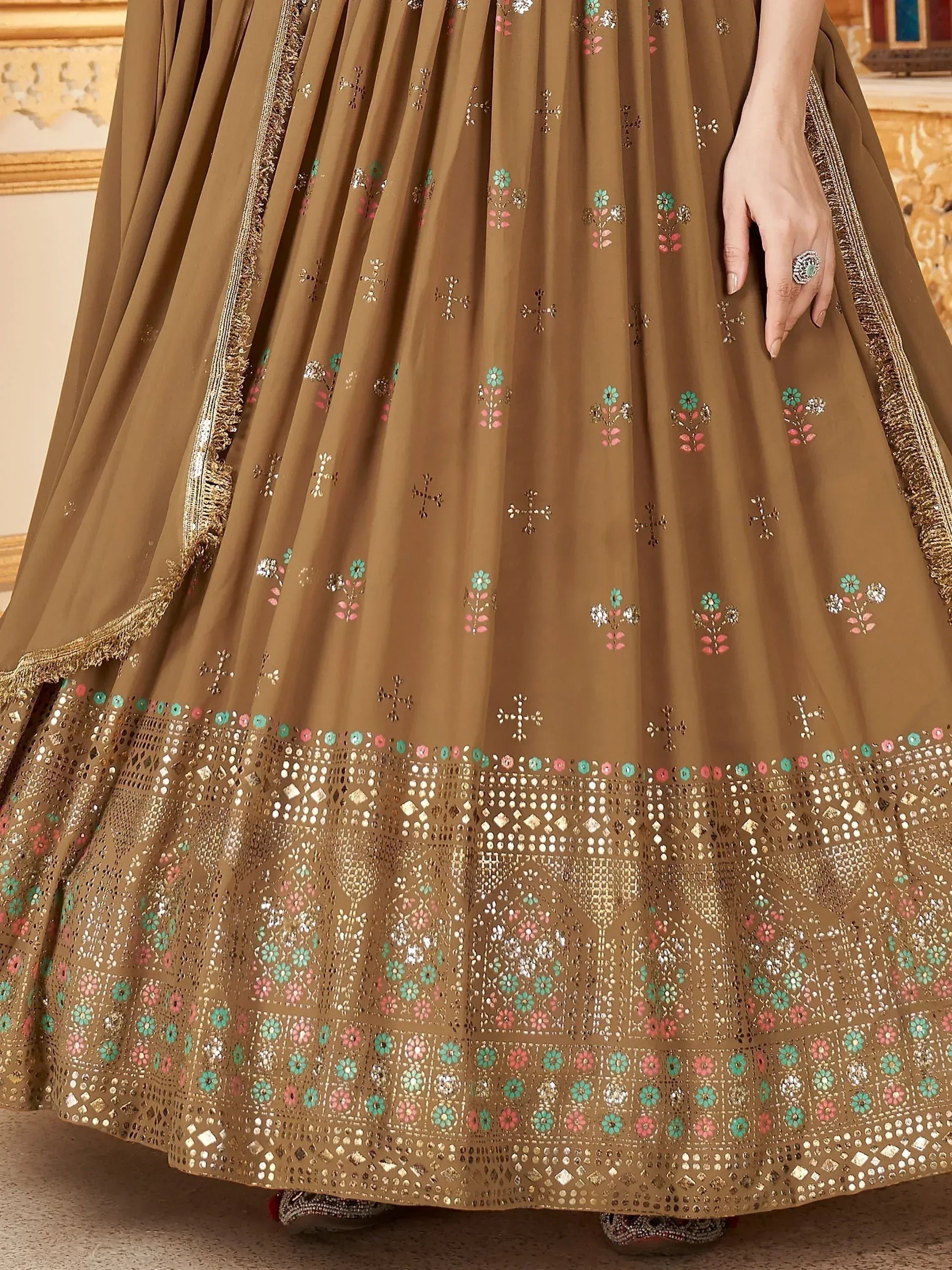 Brown designer lehenga with floral mirror work and gold embroidery, ethnic Indian wear