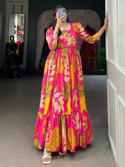 Mesmerizing Pink Floral Printed Silk Festival Wear Gown