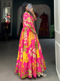 Mesmerizing Pink Floral Printed Silk Festival Wear Gown