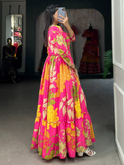 Mesmerizing Pink Floral Printed Silk Festival Wear Gown