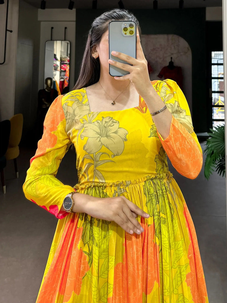 Fascinating Yellow Floral Printed Silk Function Wear Gown
