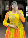 Fascinating Yellow Floral Printed Silk Function Wear Gown