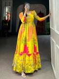 Fascinating Yellow Floral Printed Silk Function Wear Gown