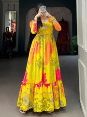 Fascinating Yellow Floral Printed Silk Function Wear Gown