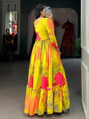 Fascinating Yellow Floral Printed Silk Function Wear Gown