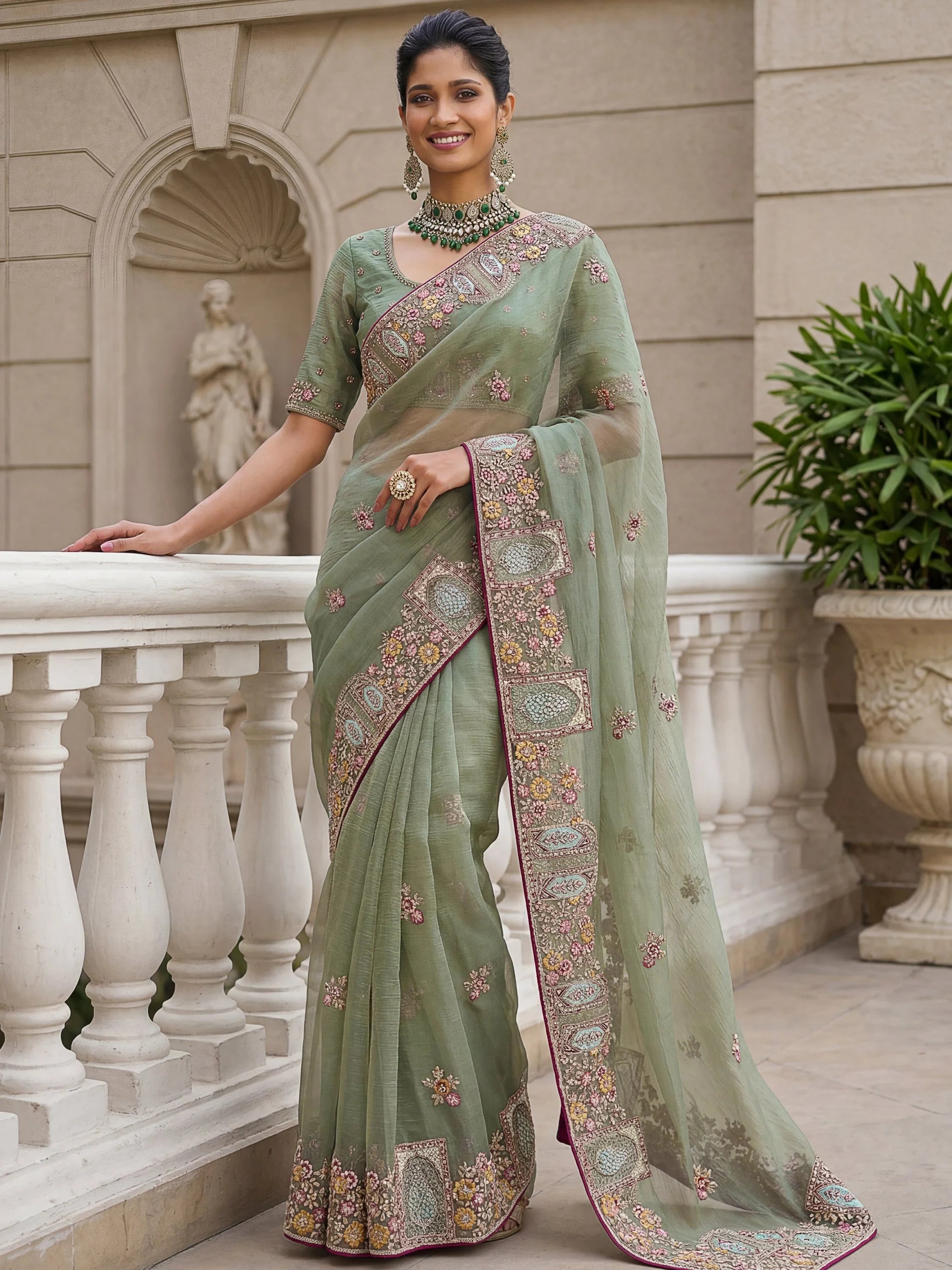 Notable Green Floral Embroidery Organza Reception Wear Saree With Blouse