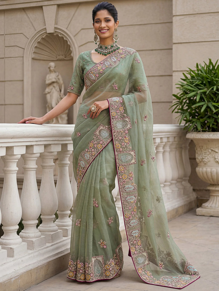 Notable Green Floral Embroidery Organza Reception Wear Saree With Blouse