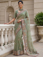 Notable Green Floral Embroidery Organza Reception Wear Saree With Blouse