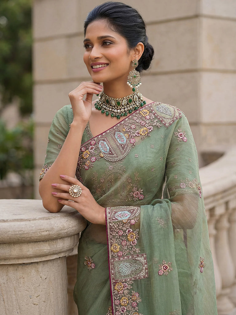 Notable Green Floral Embroidery Organza Reception Wear Saree With Blouse