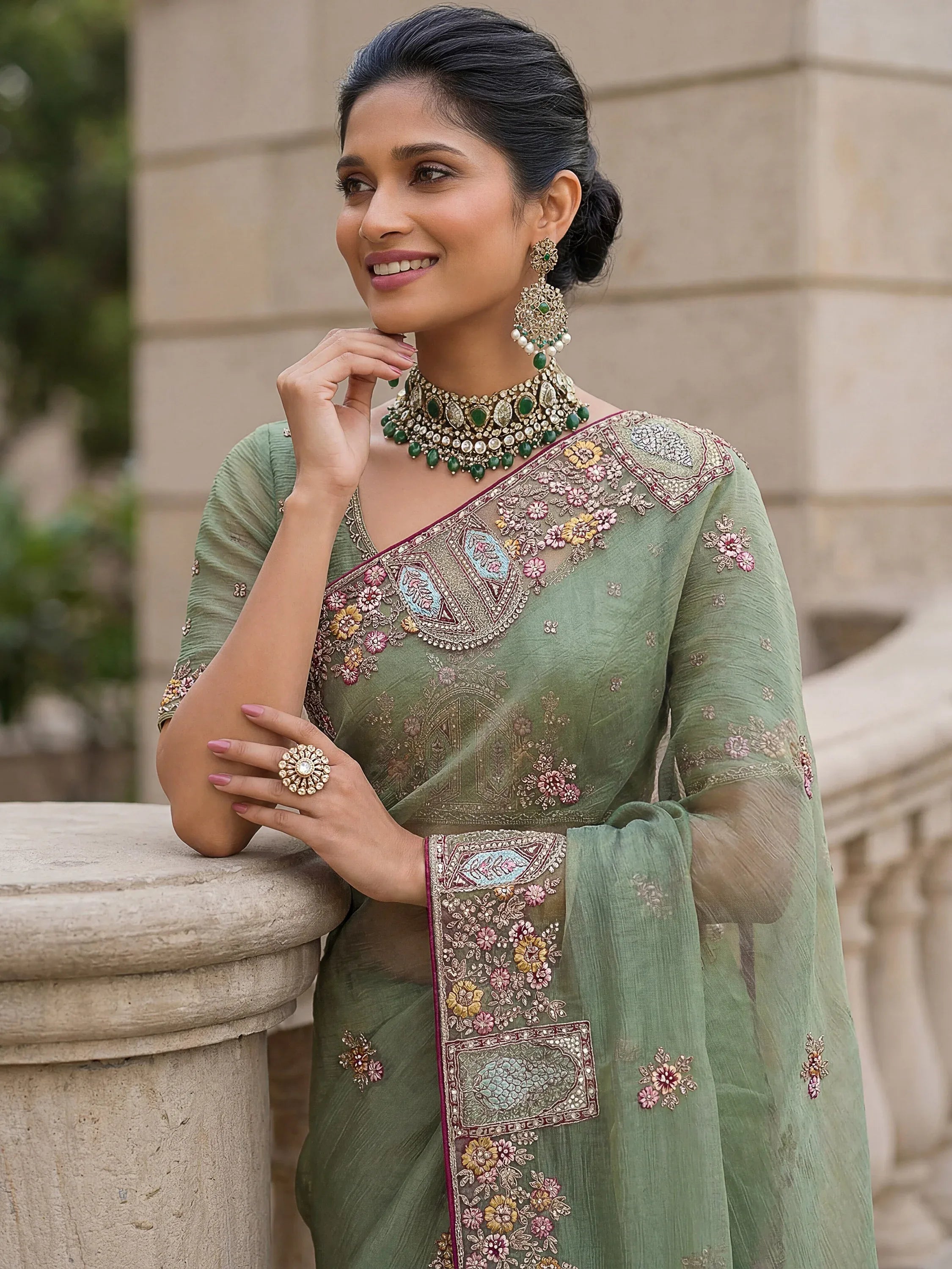 Notable Green Floral Embroidery Organza Reception Wear Saree With Blouse