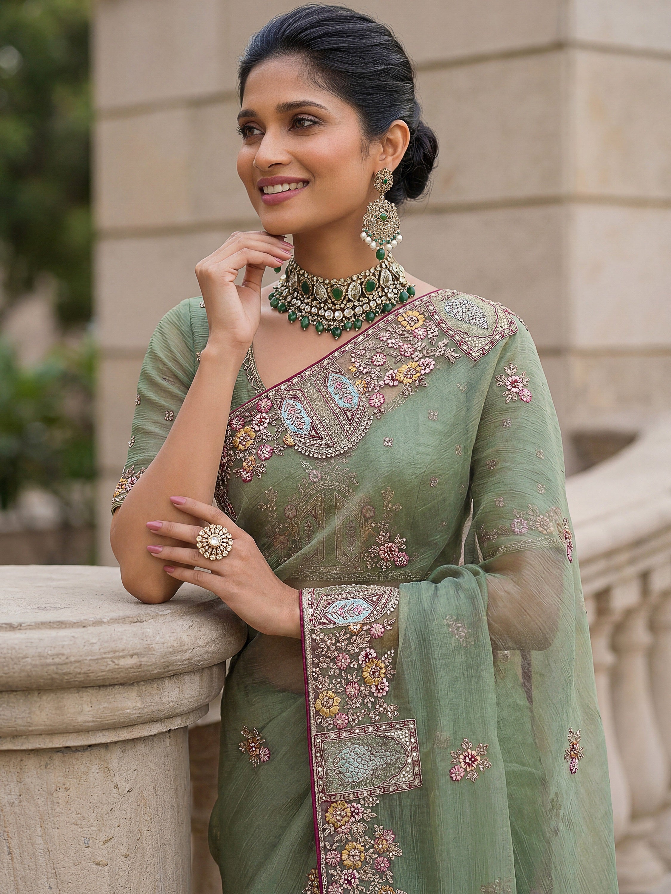 Notable Green Floral Embroidery Organza Reception Wear Saree With Blouse