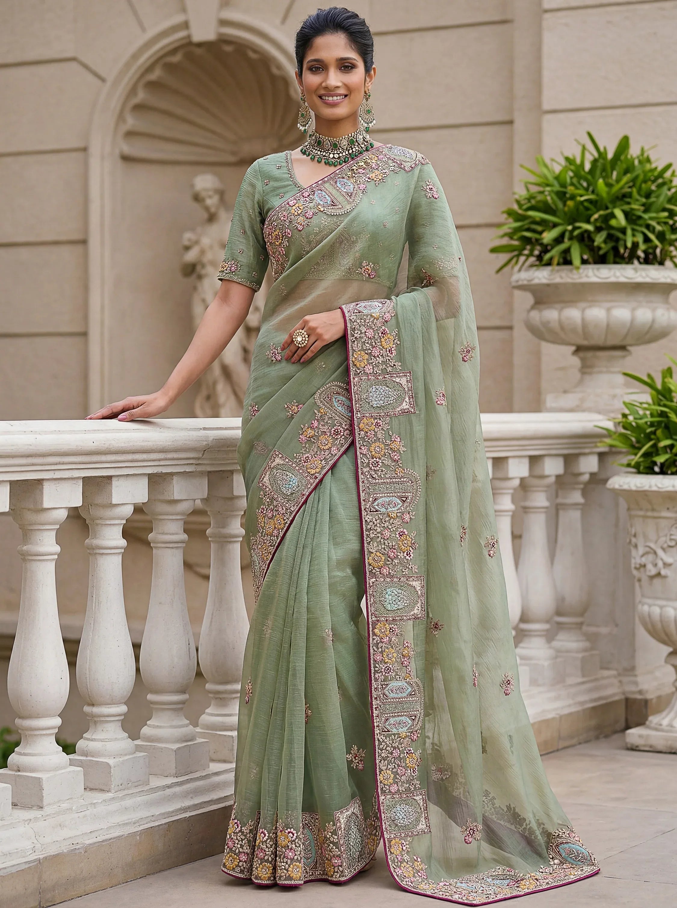 Notable Green Floral Embroidery Organza Reception Wear Saree With Blouse