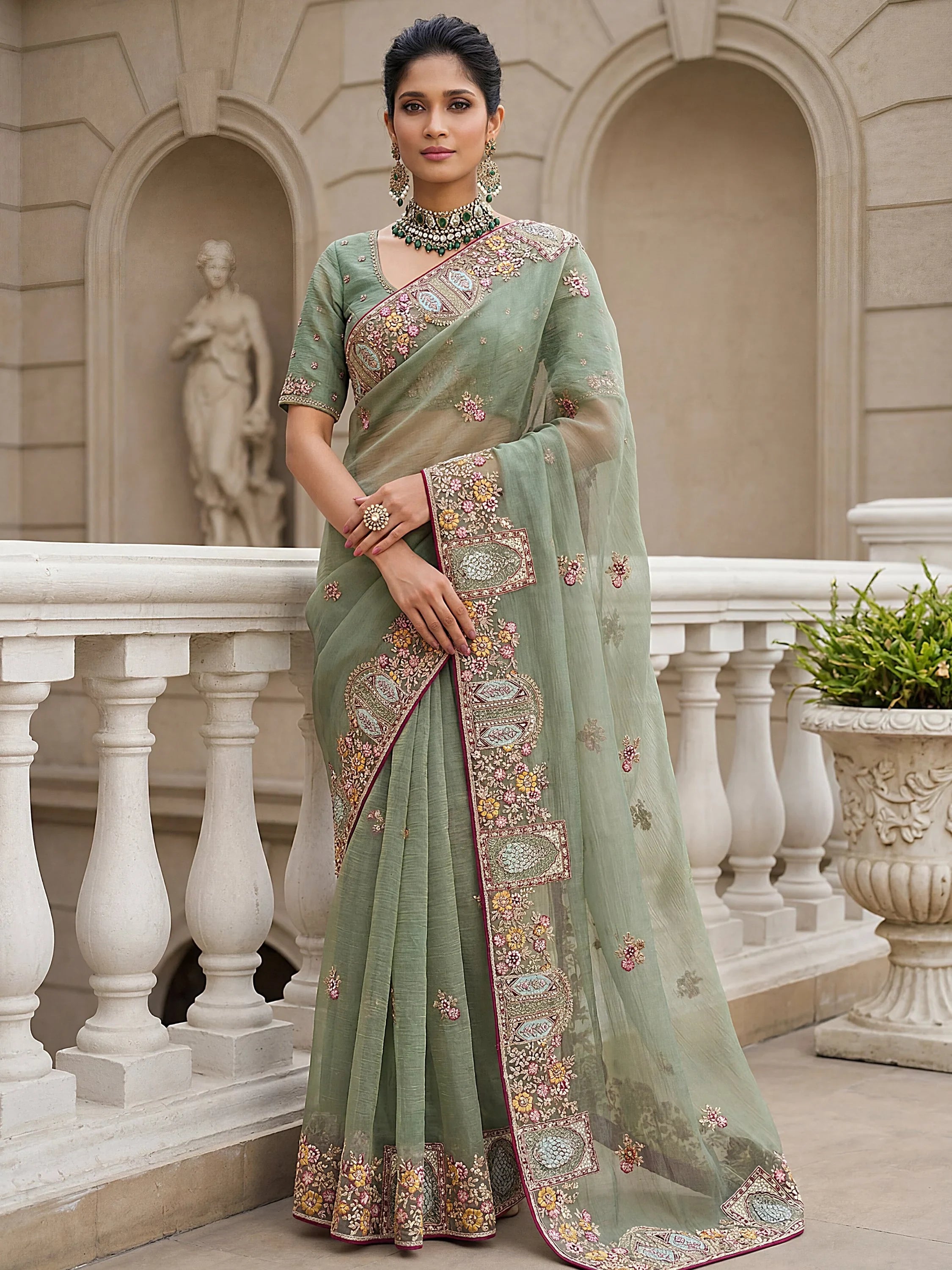 Notable Green Floral Embroidery Organza Reception Wear Saree With Blouse