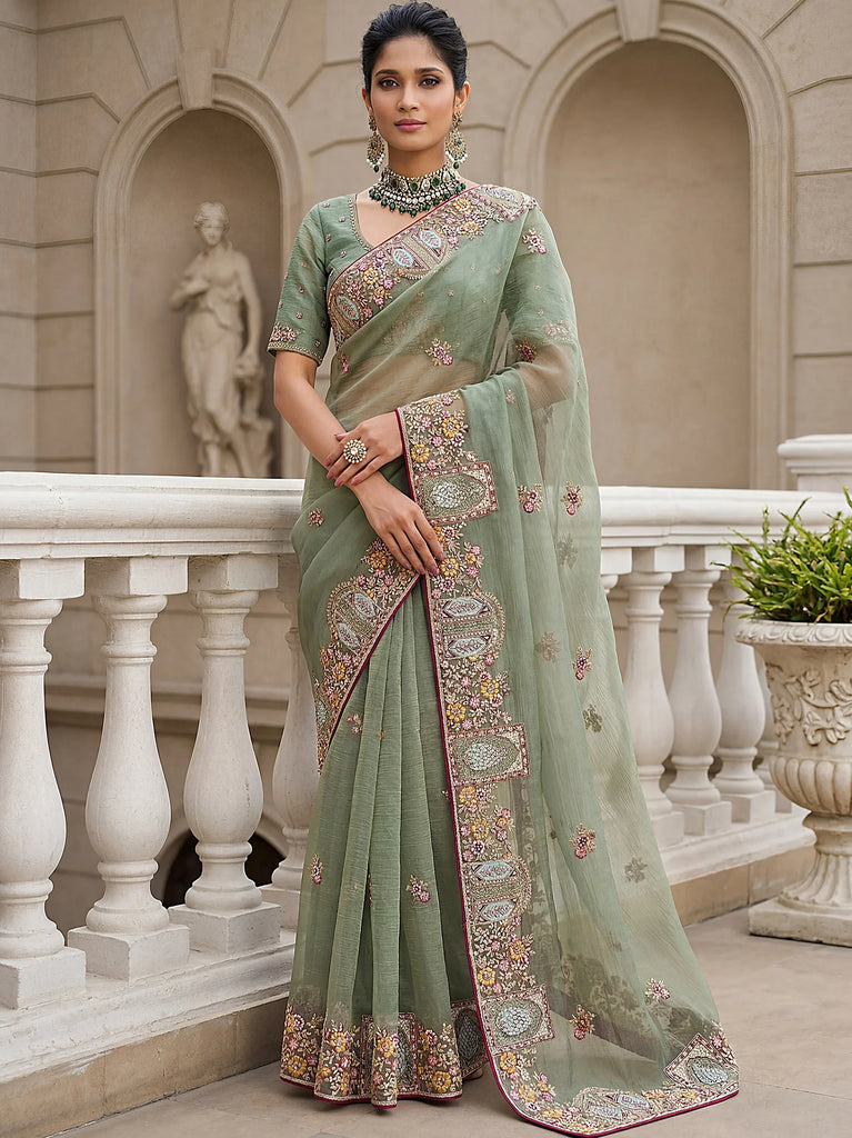Notable Green Floral Embroidery Organza Reception Wear Saree With Blouse