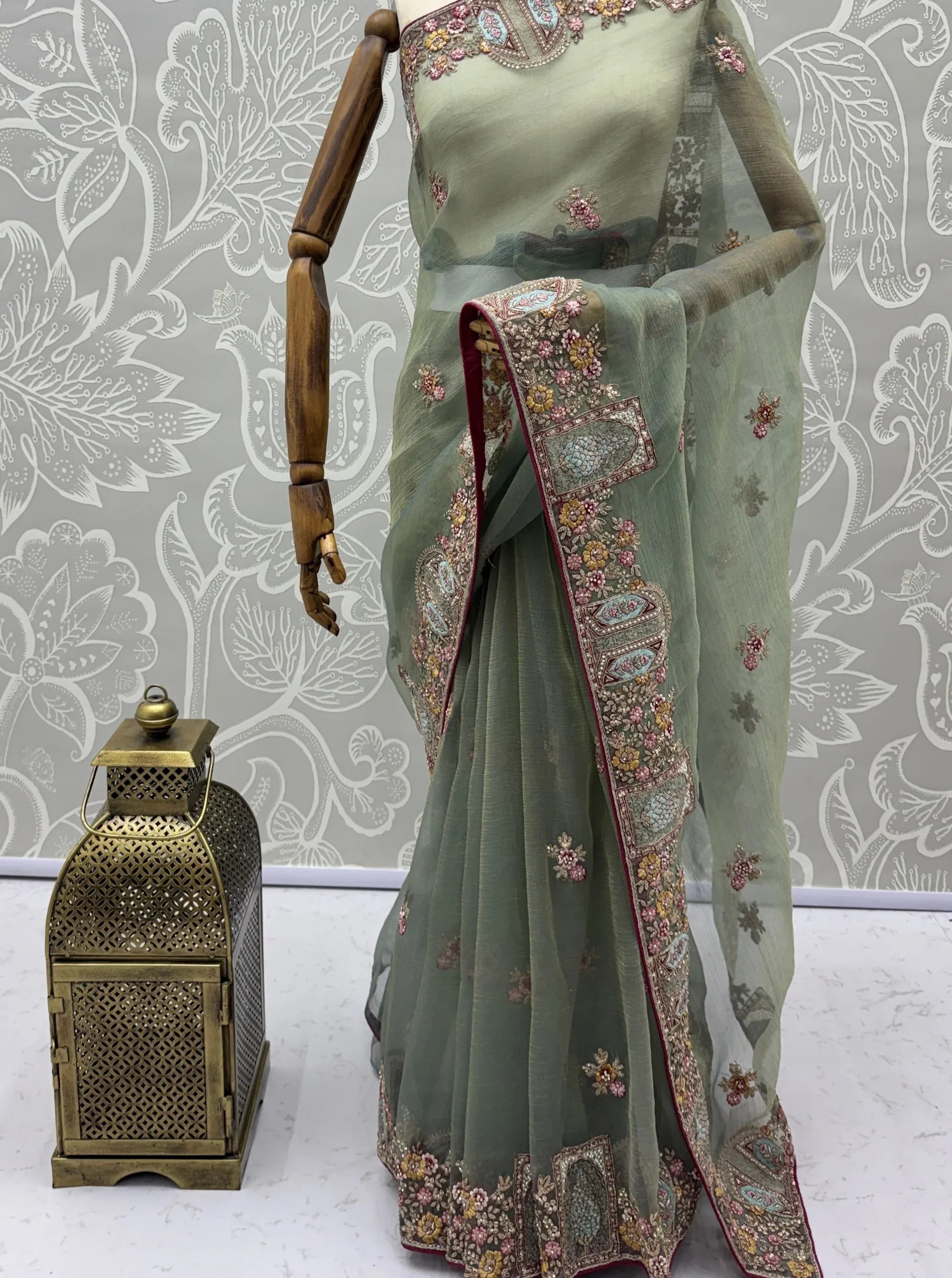 Notable Green Floral Embroidery Organza Reception Wear Saree With Blouse
