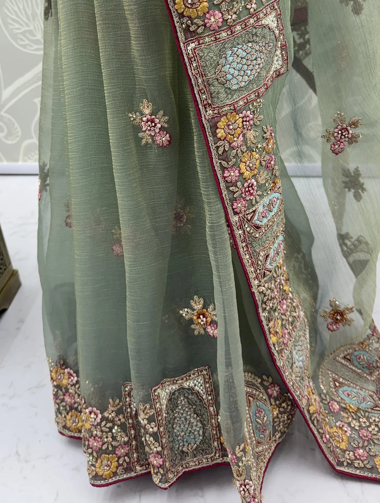 Notable Green Floral Embroidery Organza Reception Wear Saree With Blouse