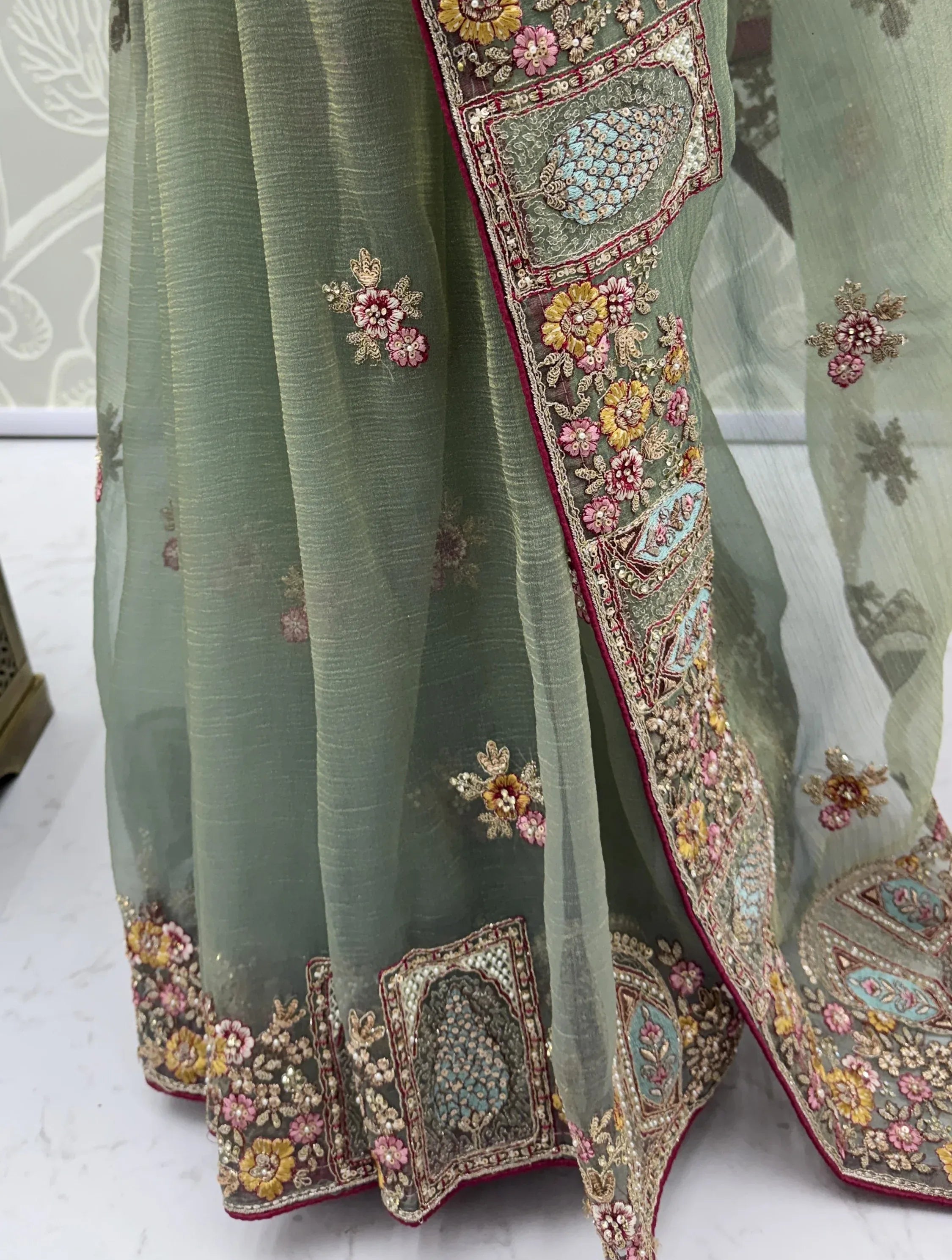 Notable Green Floral Embroidery Organza Reception Wear Saree With Blouse