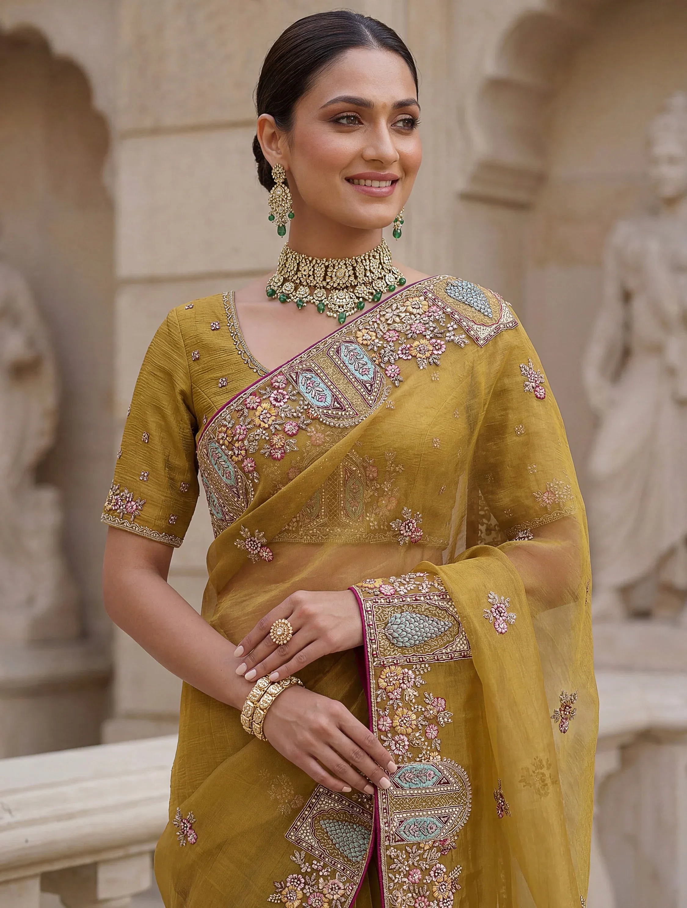 Rich Mustard Yellow Thread Work Organza Designer Saree With Blouse