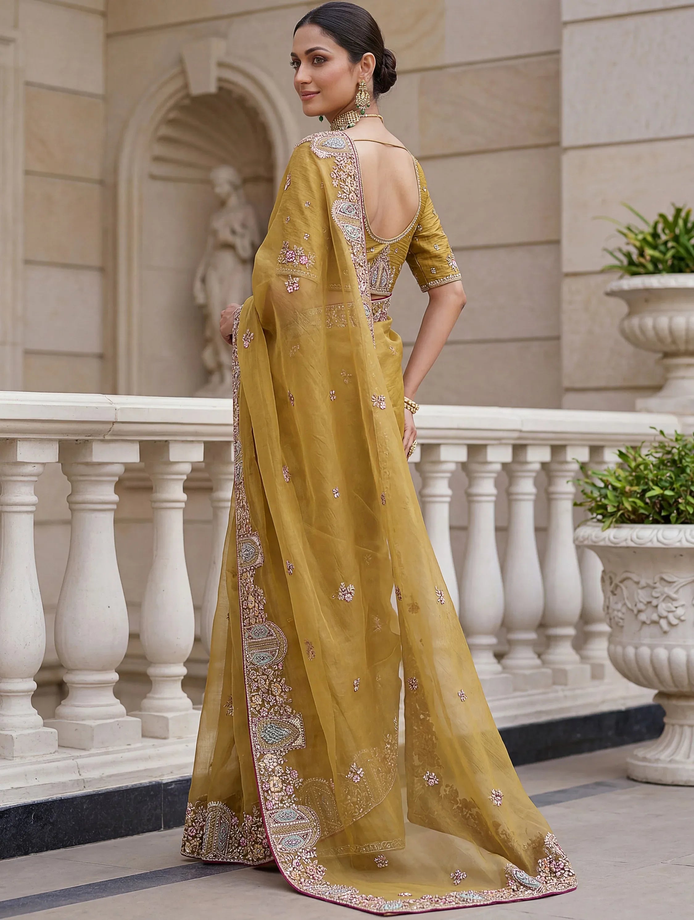 Rich Mustard Yellow Thread Work Organza Designer Saree With Blouse