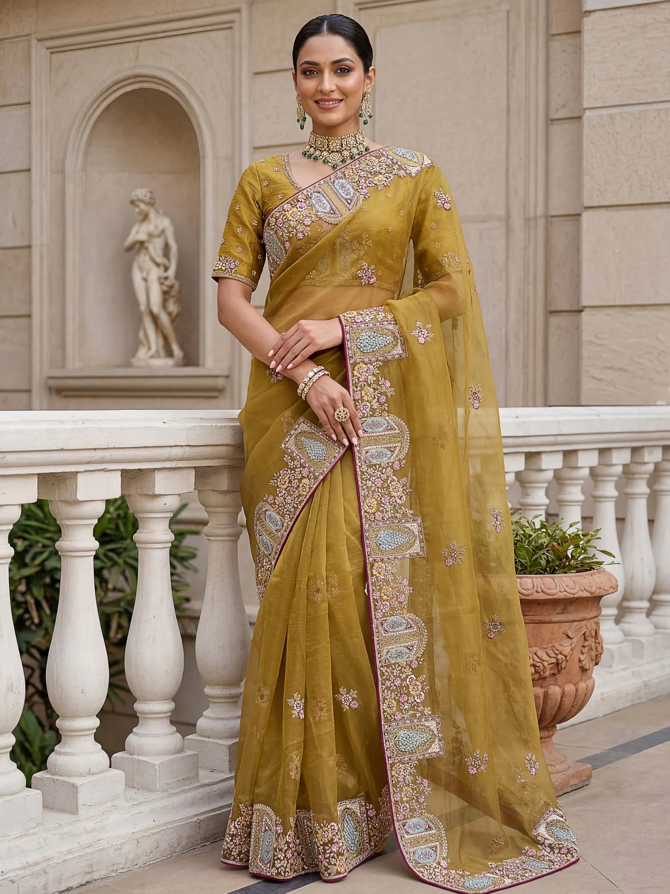 Rich Mustard Yellow Thread Work Organza Designer Saree With Blouse