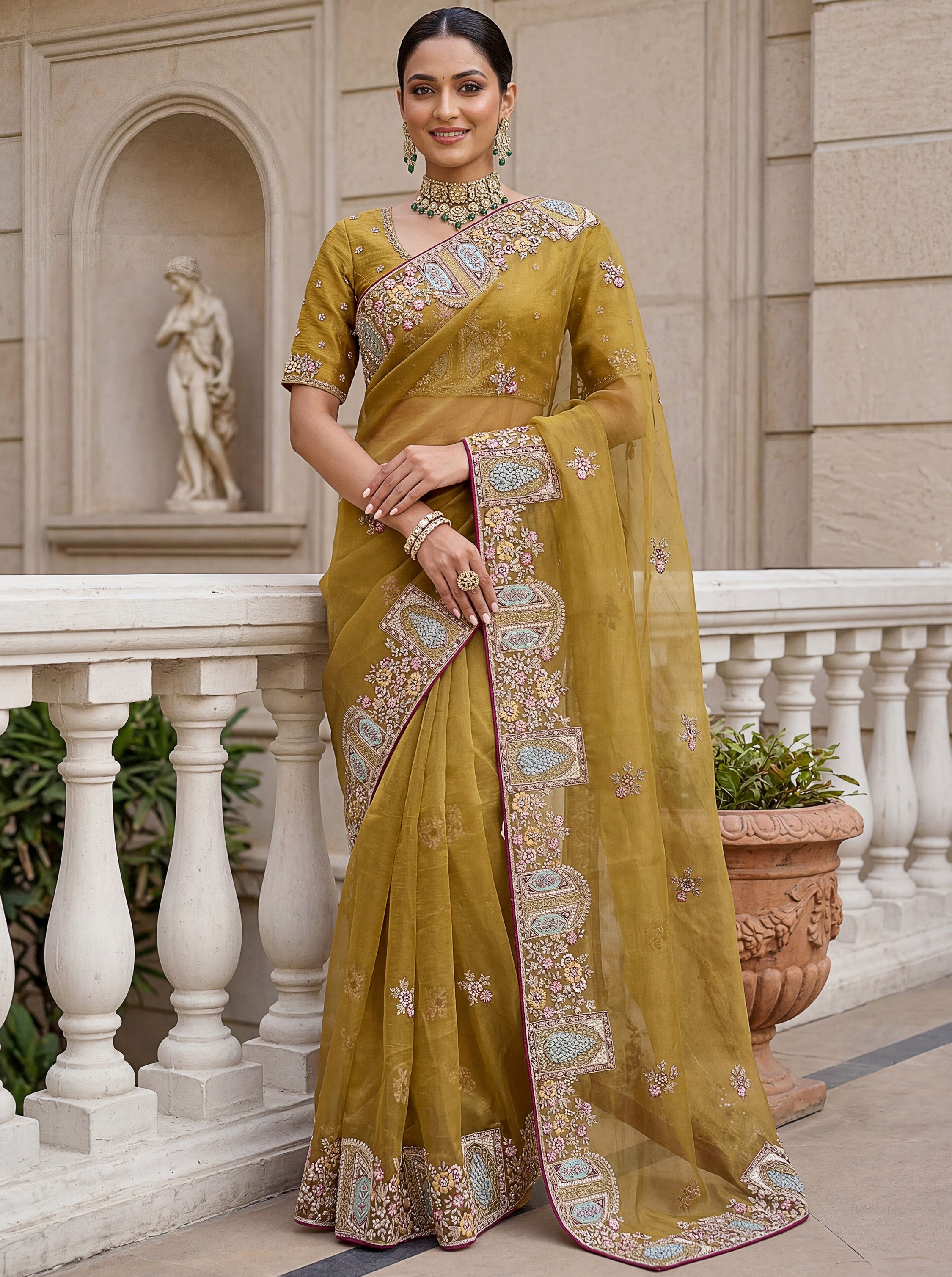 Rich Mustard Yellow Thread Work Organza Designer Saree With Blouse