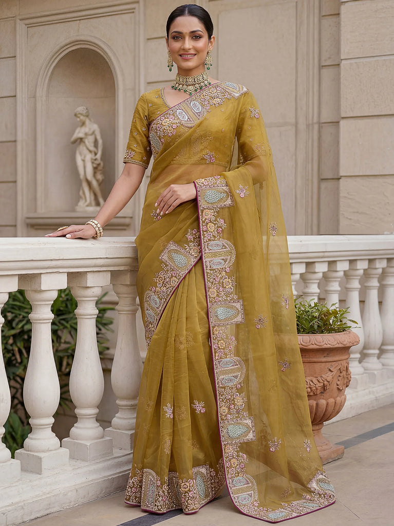 Rich Mustard Yellow Thread Work Organza Designer Saree With Blouse