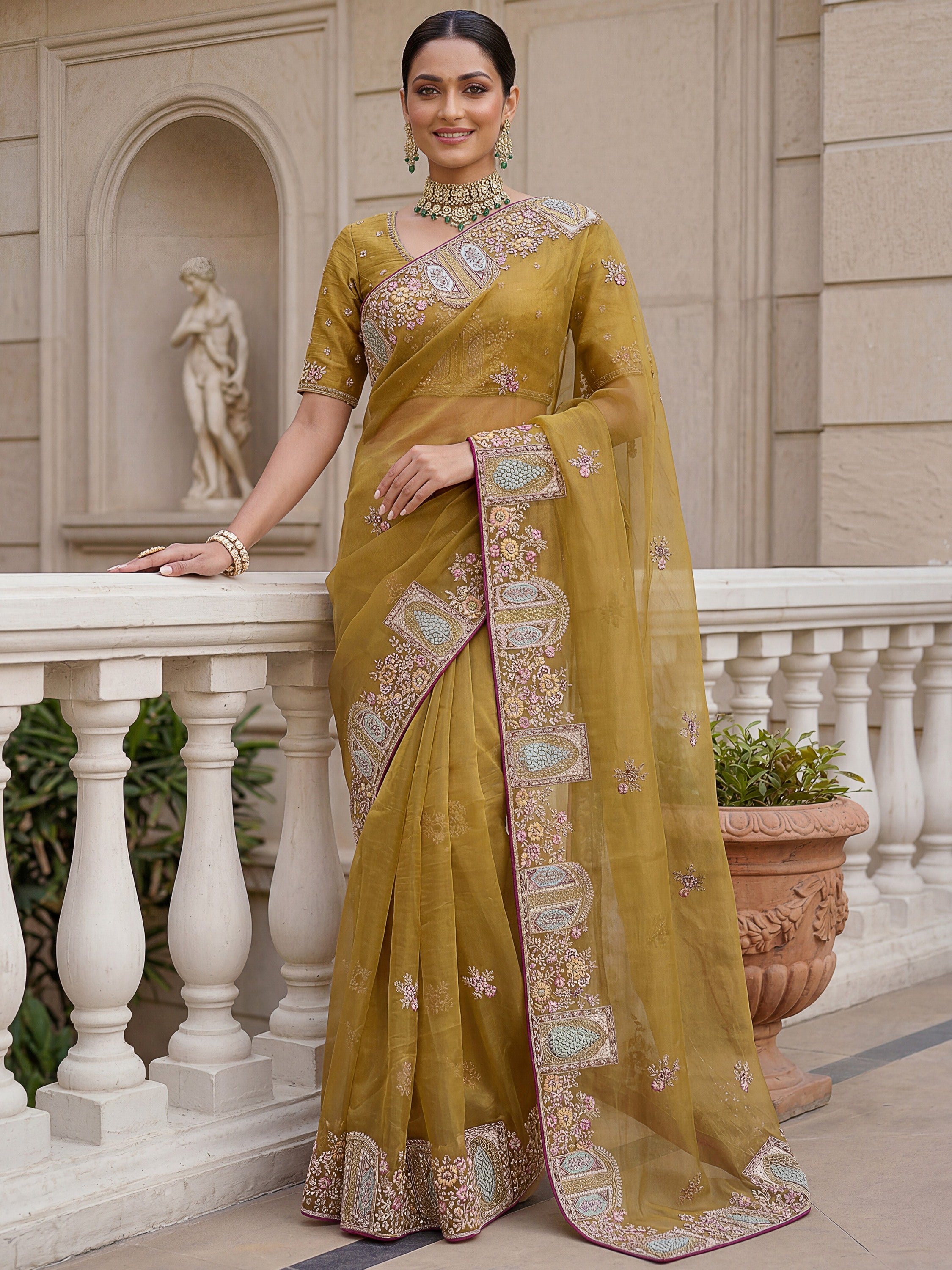 Rich Mustard Yellow Thread Work Organza Designer Saree With Blouse
