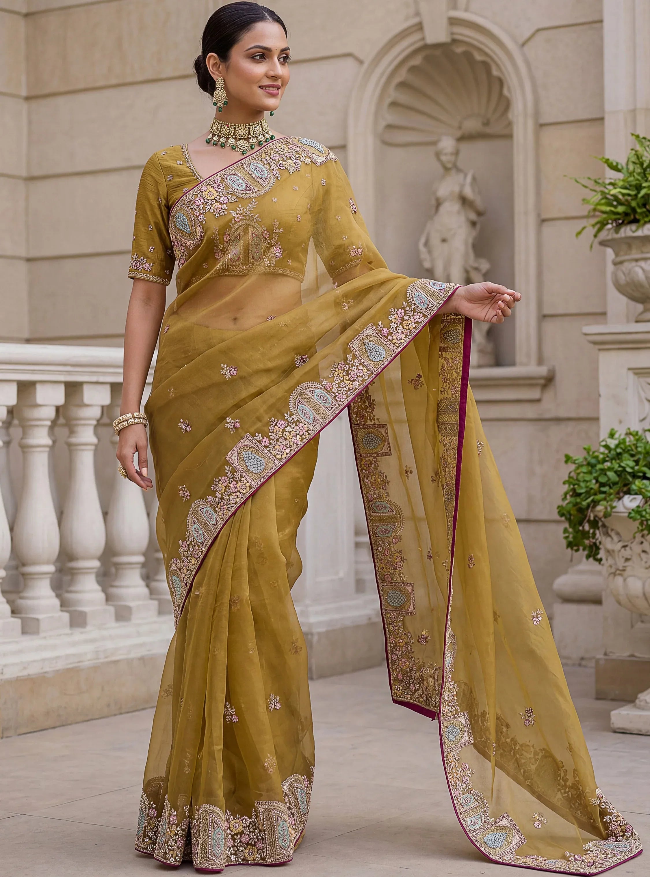 Rich Mustard Yellow Thread Work Organza Designer Saree With Blouse