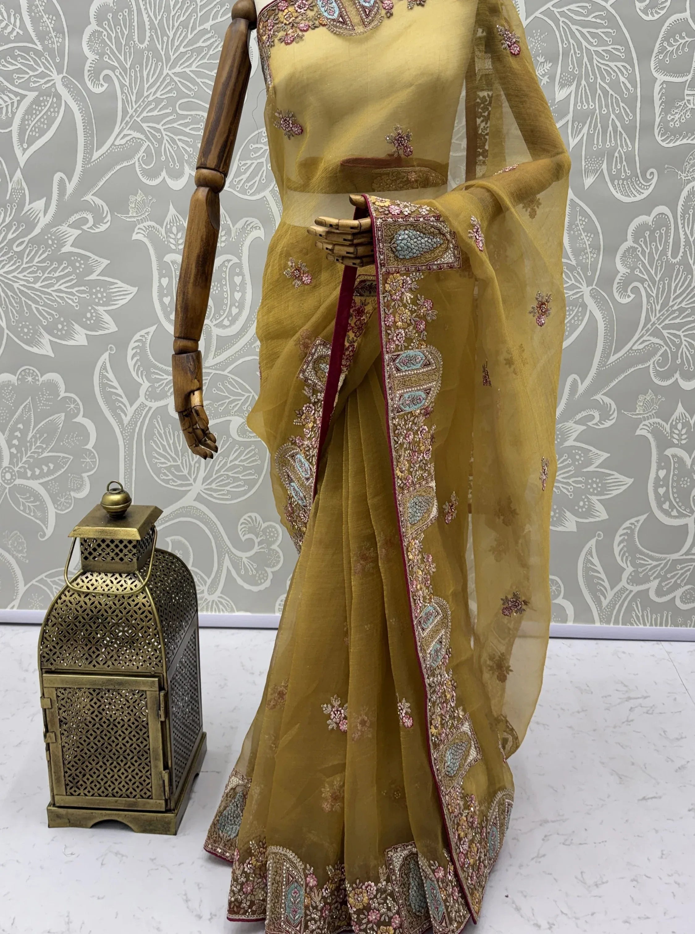 Rich Mustard Yellow Thread Work Organza Designer Saree With Blouse