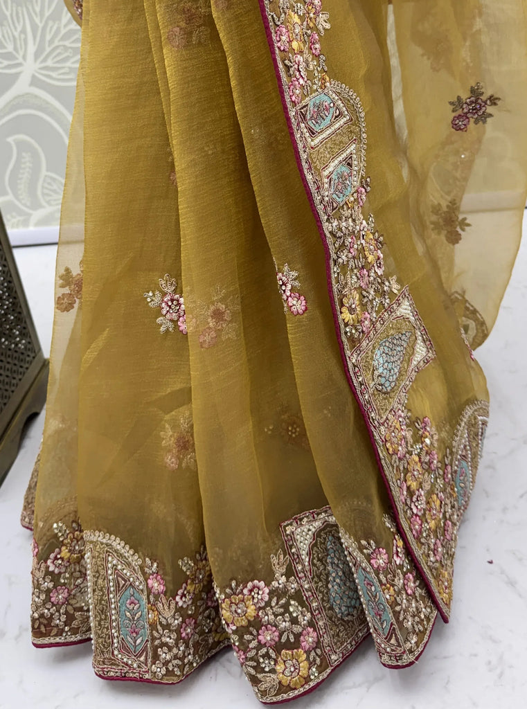 Rich Mustard Yellow Thread Work Organza Designer Saree With Blouse