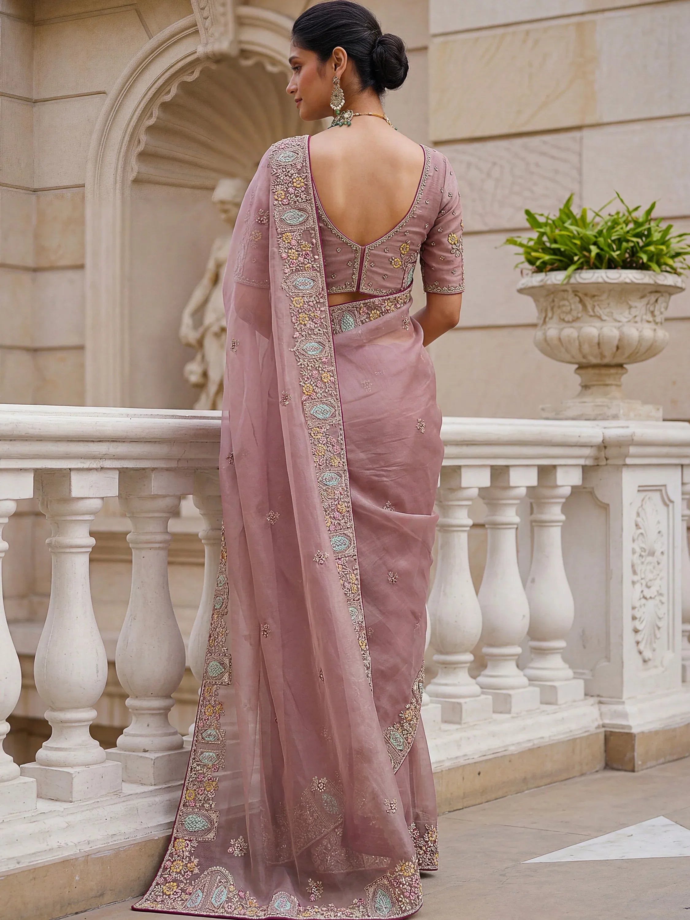 Notable Dusty Mauve Sequins Organza Party Wear Saree With Blouse