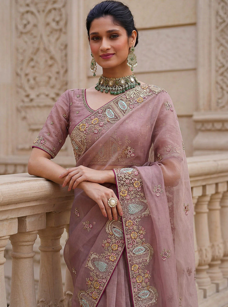 Notable Dusty Mauve Sequins Organza Party Wear Saree With Blouse
