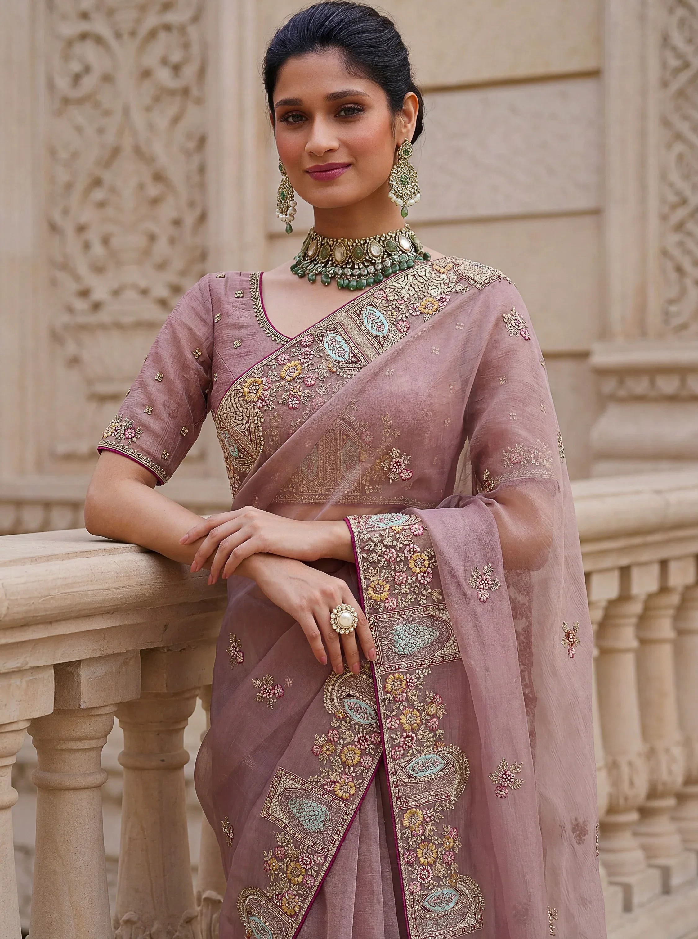 Notable Dusty Mauve Sequins Organza Party Wear Saree With Blouse