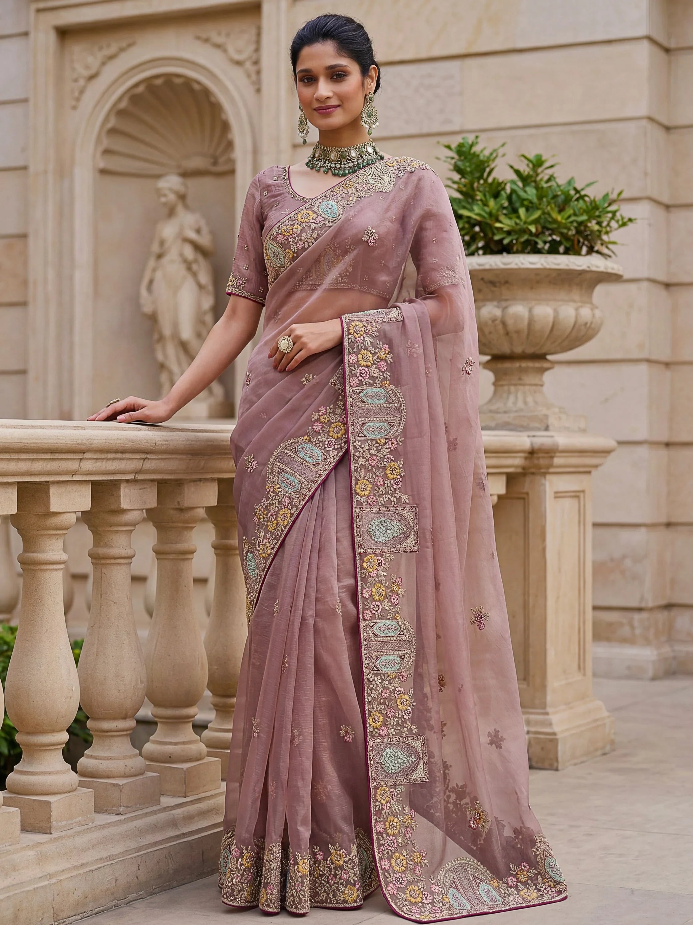Notable Dusty Mauve Sequins Organza Party Wear Saree With Blouse