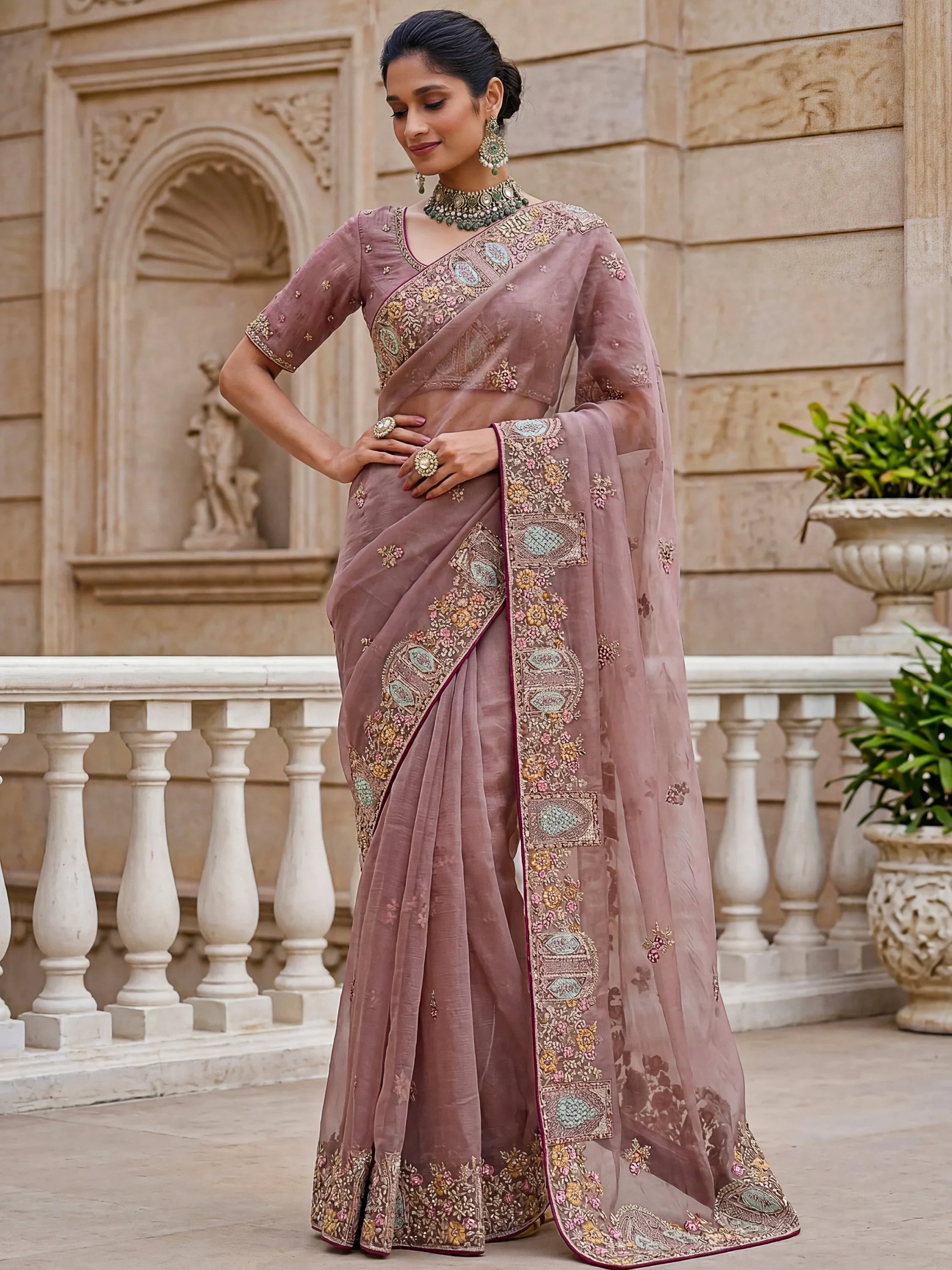 Notable Dusty Mauve Sequins Organza Party Wear Saree With Blouse