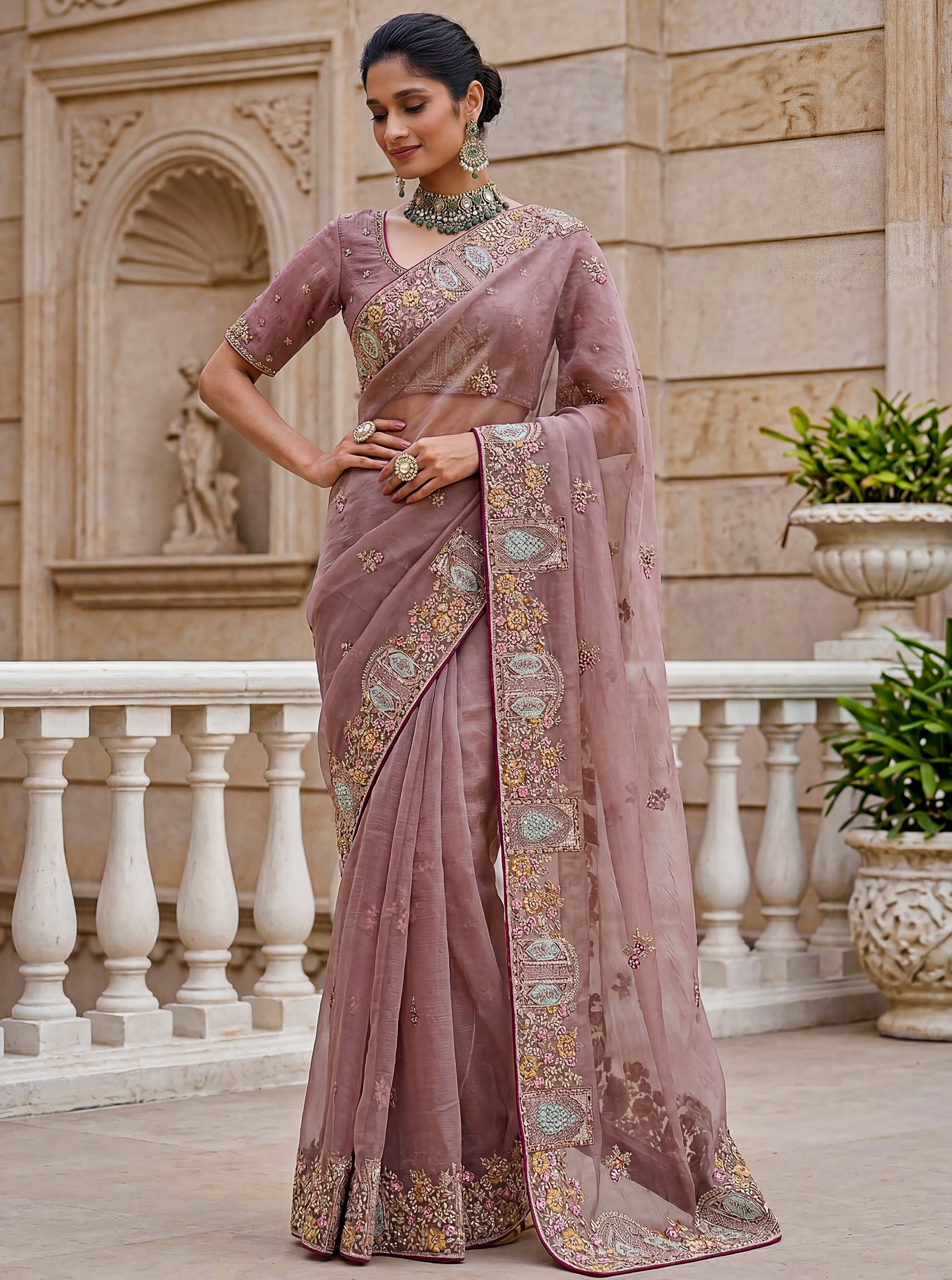 Notable Dusty Mauve Sequins Organza Party Wear Saree With Blouse